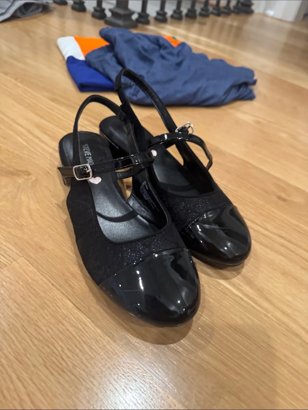 Steve Madden Black Slingback Flats with Patent Toe and Mary Jane Strap